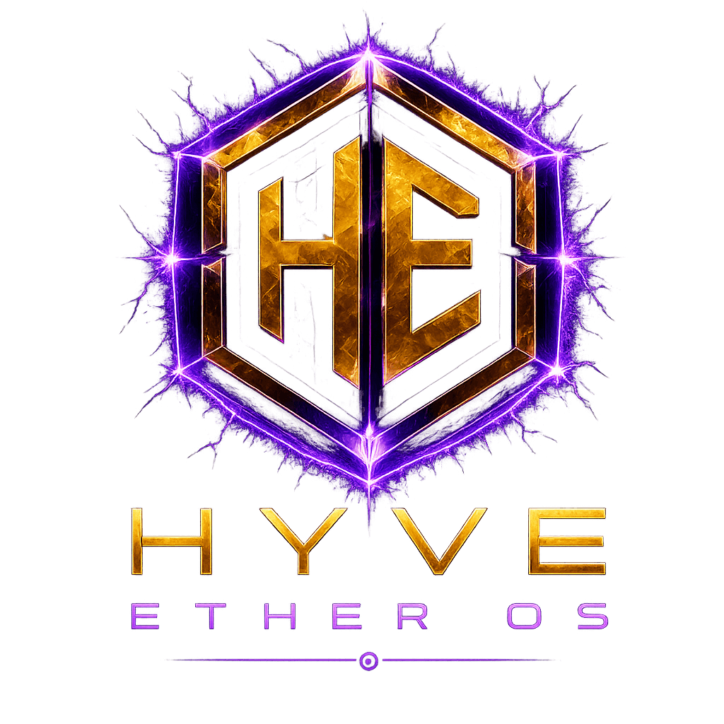 HYVE Ether OS — hex emblem with gold metallic body and electric purple corona