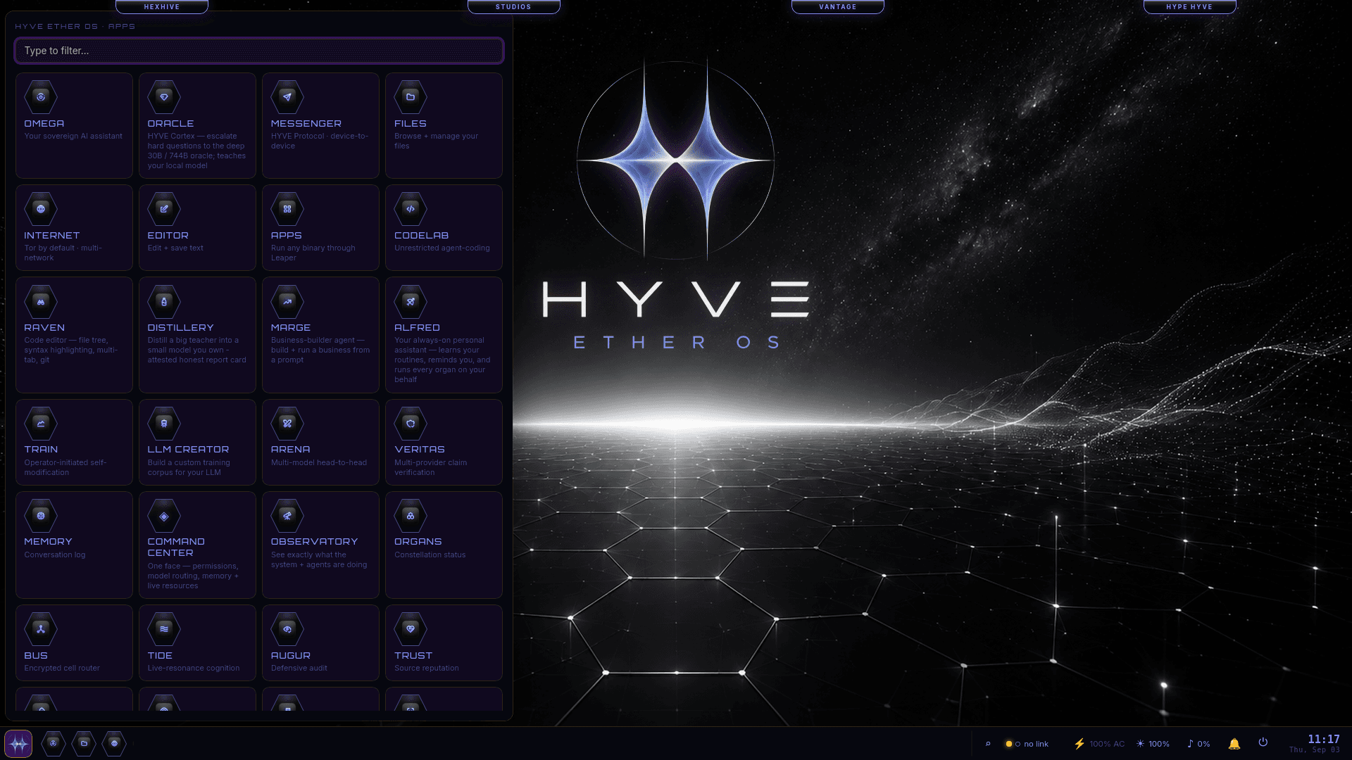 The HYVE Ether OS app grid open over the desktop wallpaper, showing rows of app tiles — OMEGA, ORACLE, MESSENGER, FILES, INTERNET, EDITOR, APPS, CODELAB, RAVEN, DISTILLERY, MARGE, ALFRED, TRAIN, LLM CREATOR, ARENA, VERITAS, MEMORY, COMMAND CENTER, OBSERVATORY, ORGANS — each with a short description.