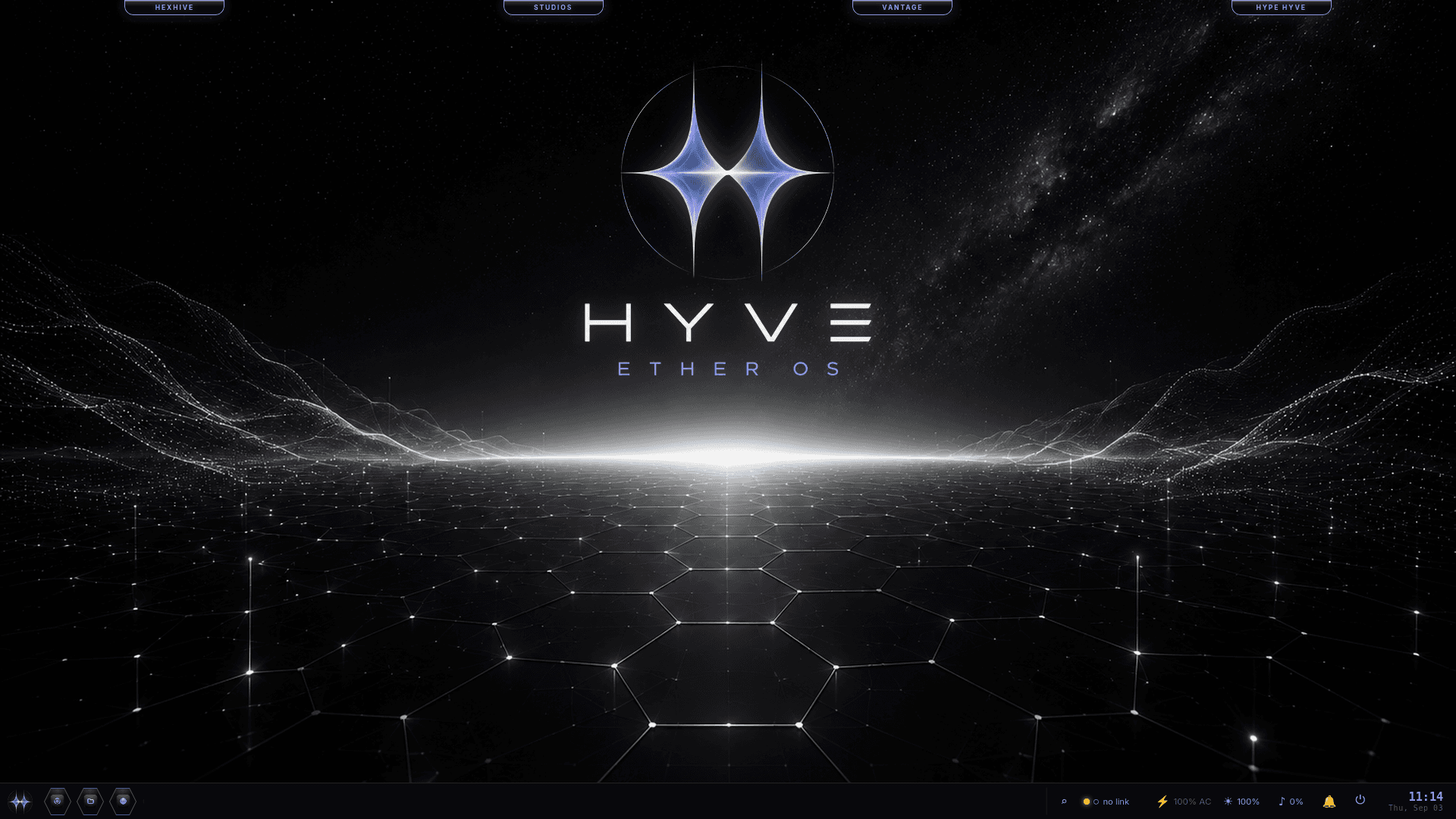 HYVE Ether OS desktop: a luminous azure-and-violet twin-star emblem above the HYVE ETHER OS wordmark, set over a hex-horizon wallpaper receding into a starfield. Four pop-out rails — HEXHIVE, STUDIOS, VANTAGE, HYPE HYVE — dock along the top edge; a system taskbar runs across the bottom.