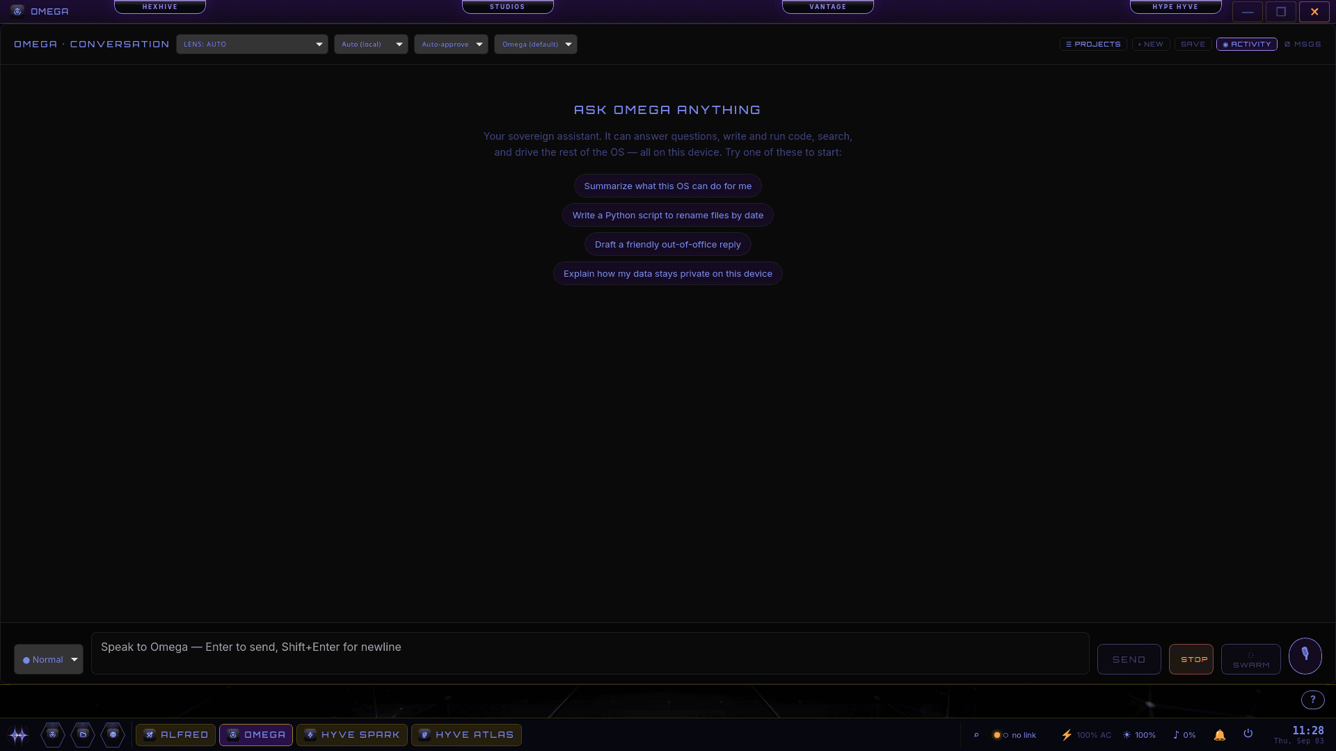 The Omega assistant surface in HYVE Ether OS: a centered 'ASK OMEGA ANYTHING' heading with four suggestion chips, model and approval selectors along the top (Lens, Auto local, Auto-approve, Omega default), and a 'Speak to Omega' input bar with Send, Stop and Swarm buttons at the bottom.