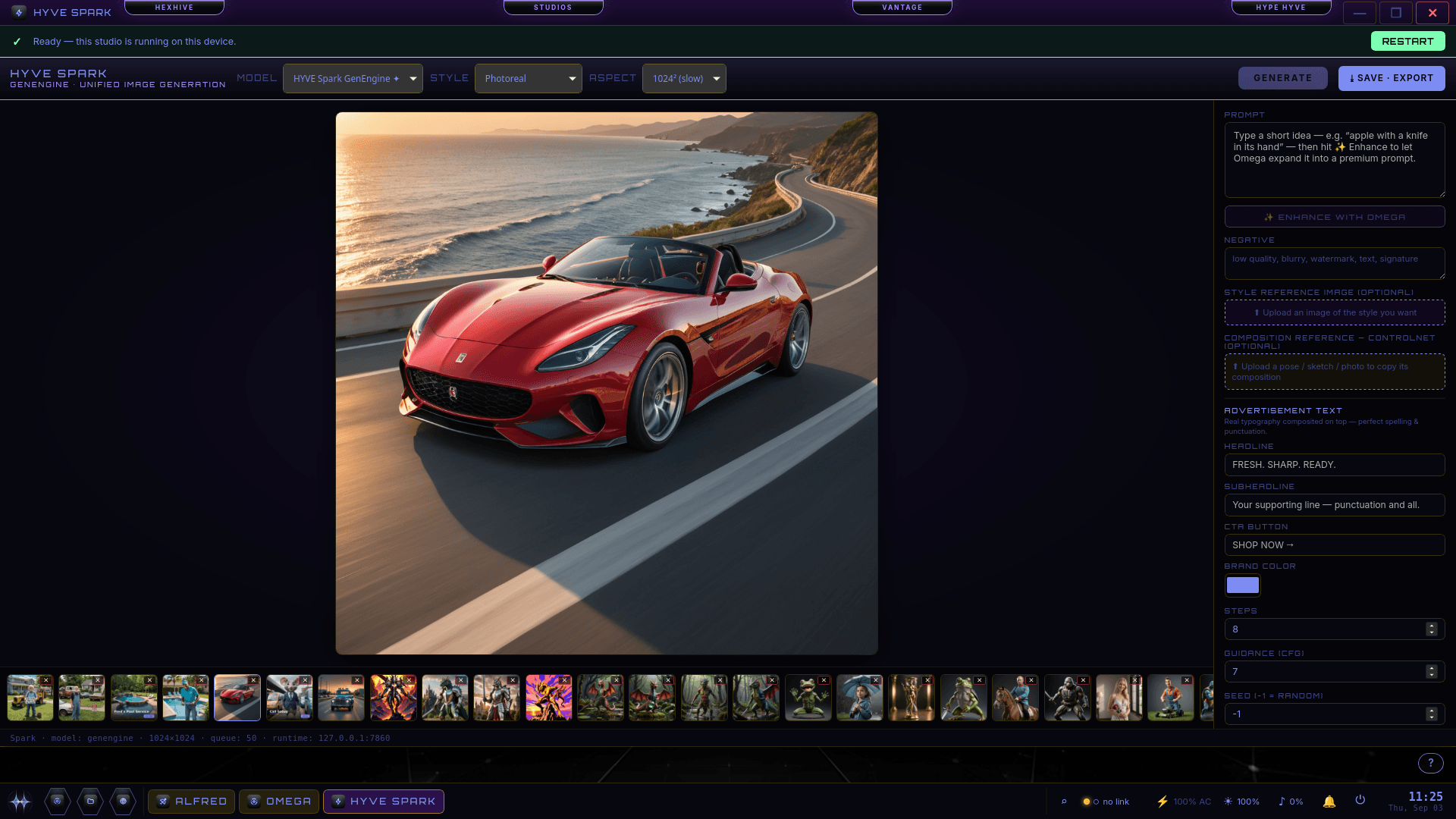 HYVE Spark image-generation studio in HYVE Ether OS: a large photoreal render of a red convertible sports car on a coastal highway at sunset, a control panel on the right with model, style, aspect, prompt, ControlNet and advertisement-text fields, and a filmstrip gallery of previously generated images along the bottom. A banner reads 'Ready — this studio is running on this device.'